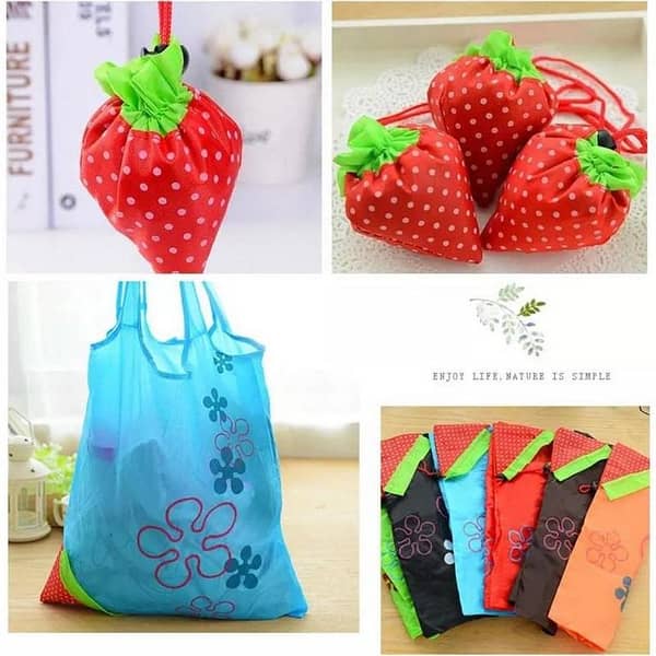 Set of Three Portable Strawberry Folding Nylon Bags - Reusable Eco-Friendly Shopping Pouches