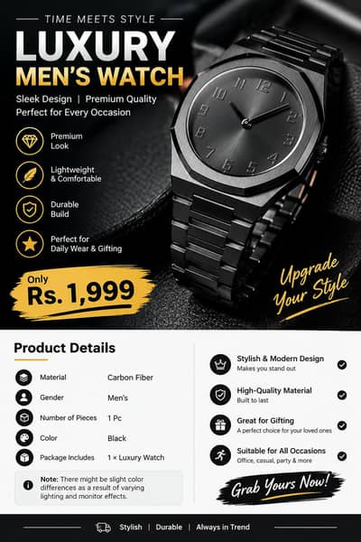 ⌚ Luxury Black Men’s Watch | Carbon Fiber | Stylish Premium Design