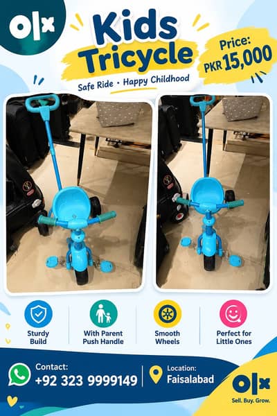 Kids Tricycle with Push Handle – Blue Color