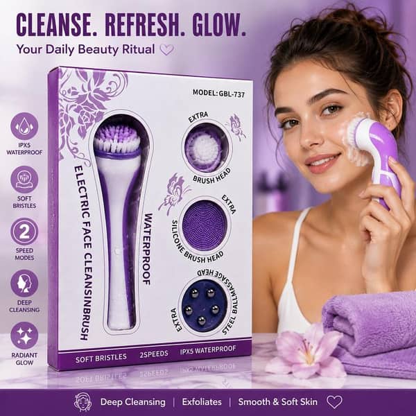 4 In 1 Electric Facial Cleansing Brush USB Rechargeable | Waterproof Face Cleanser with 4 Massage Heads | Deep Pore Cleaning, Exfoliating, Facial Massage & Skin Care Brush for Women & Men (Random Color)
