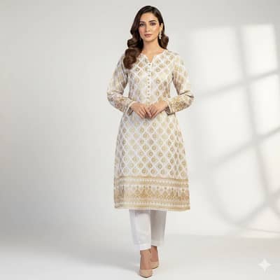 Beautiful White Block Print Katan Silk 2-Piece Suit for Women