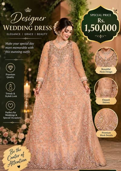 Elegant Peach Bridal Wedding Dress | Heavy Embroidered Designer Gown