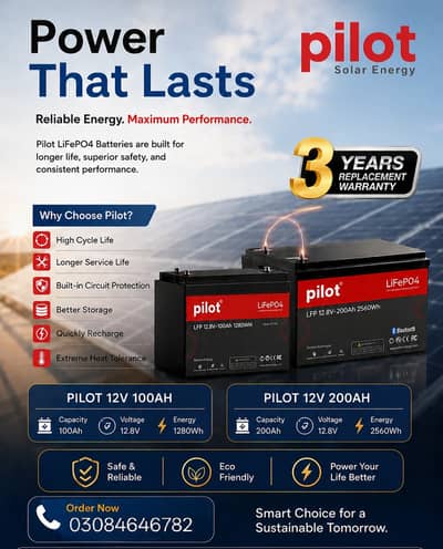 Pilot LiFePO4 Lithium Solar Batteries (12.8V 100Ah / 200Ah) - 3 Years