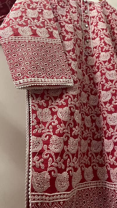 Cotton net embroidered 3pc suit