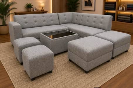 Luxury L-Shape Sofa Set with Ottomans & Center Table