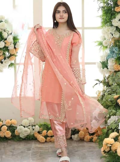 "Peach Embroidered 3Pc Organza Suit - Party Wear Premium"   Ye title