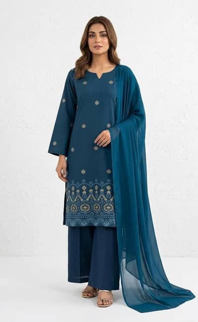 Blue Embroidered Kurta Set with Chiffon Dupatta
