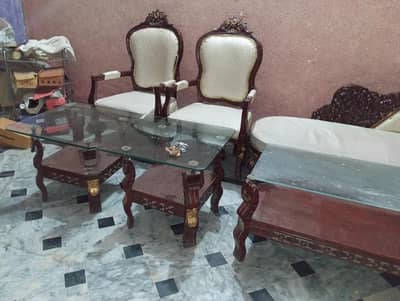 Drawing Room Set (Chairs, Dewan, Glass Tables & Trolley)
