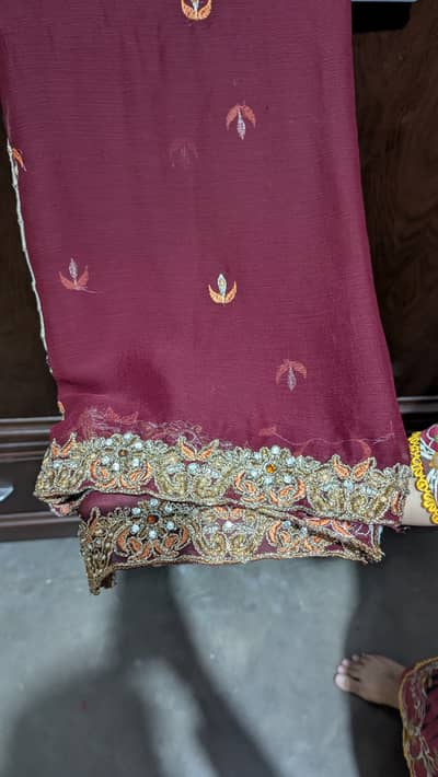 Silk embroidery frock , jamawar trouser, shifon dupata four sided emb