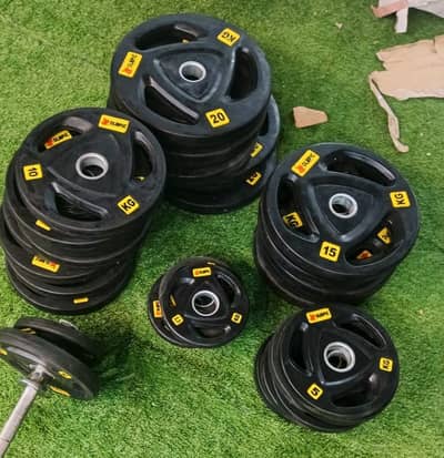 Rubber dumbbell weight plates chrome plate multi gym bench press bar