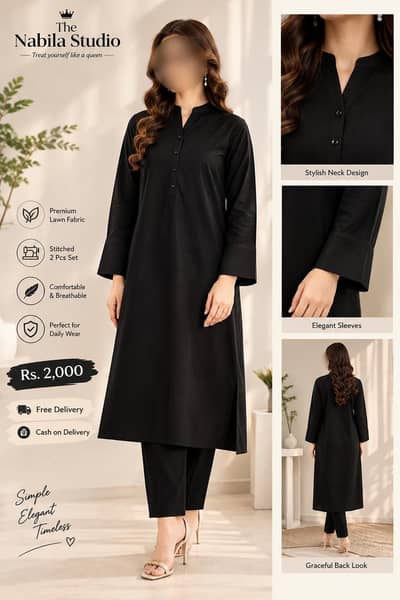 2 Pcs Black Lawn Suit | Stitched | Free Delivery