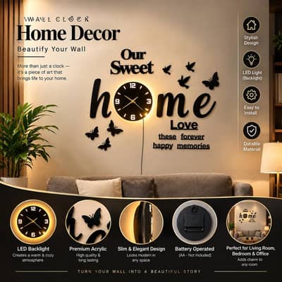 3D Wall Clock Black Glowing Birds Butterflies Modern Home Decor