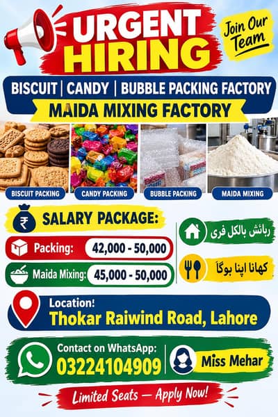 Urgent Hiring Biscuit, Candy, Bubble packing and mada mixing