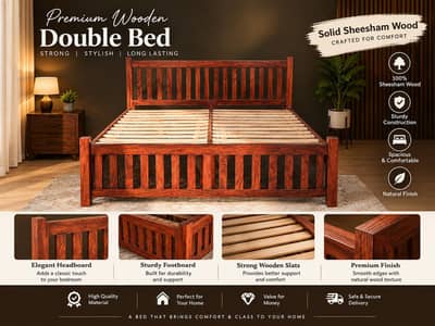 SOLID SHESHAM WOOD DOUBLE BED SET  FULL WOODEN 2 SIDETABLES + DRESSING