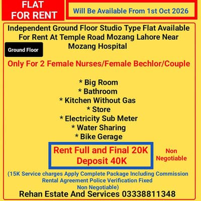 Ground Floor Bechlors Flat At Link Temple Road Mozang Lahore