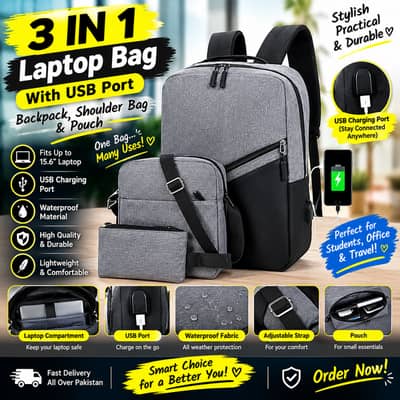 3 In 1 Laptop Bag With USB Port Backpack