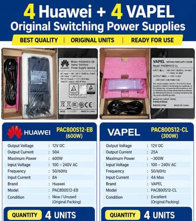 4 Huawei 600W + 4 VAPEL 300W Original Switching Power Supplies