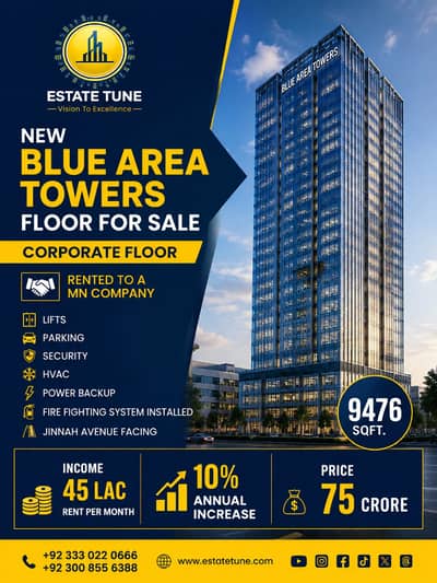 INVESTOR-RATE CORPORATE OFFICE FLOOR FOR SALE 9,476 Sq. Ft. New Blue Area Towers | Jinnah Avenue Facing | Islamabad