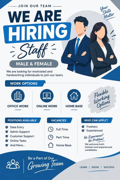 start you career with us  we are hiring staff male and female