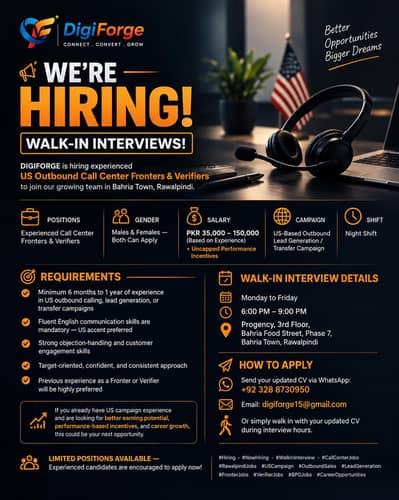HIRING CALL CENTRE AGENTS BAHRIA PHASE 7 NIGHT SHIFT