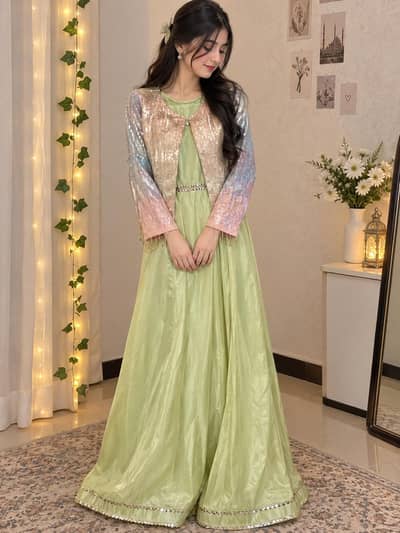 Pistachio Green Long Maxi/Gown with Embellished Round Neck”