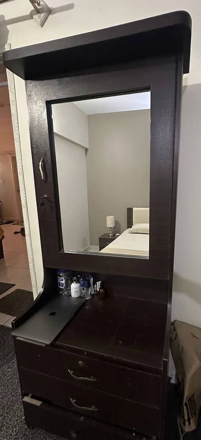 Dark Brown Wooden Dressing Table with Full Mirror & Storage (Used)