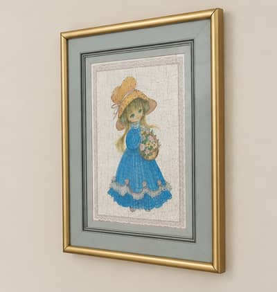 Vintage Framed Girl Wall Art Print | Blue Dress & Sun Hat Floral Baske
