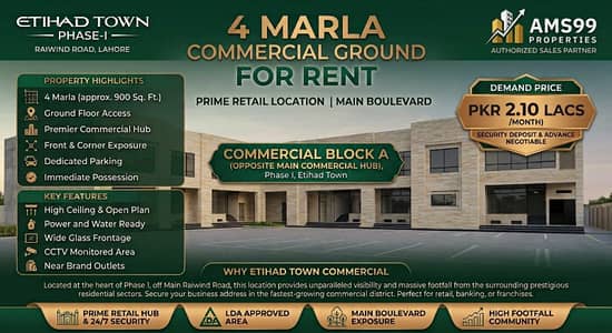 4 Marla Commercial Ground Shop for Rent Main Commercial, Etihad Town Phase 1