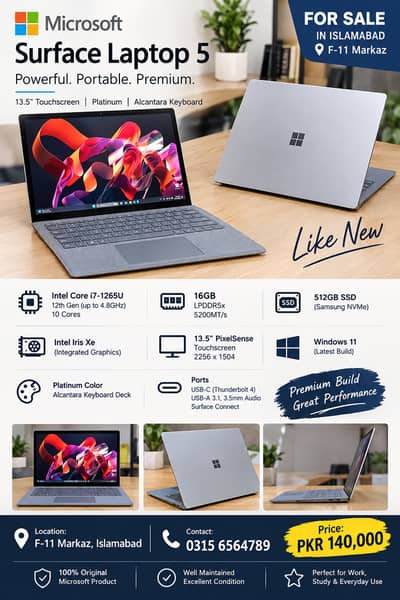Microsoft Surface Laptop 5 – i7 12th Gen, 16GB RAM, 512GB SSD