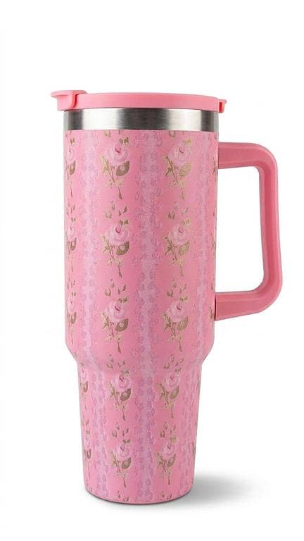40oz Stainless Steel Insulated Travel Mug with Handle & Leak-Resistant Lid – Pink Floral Vacuum Tumbler