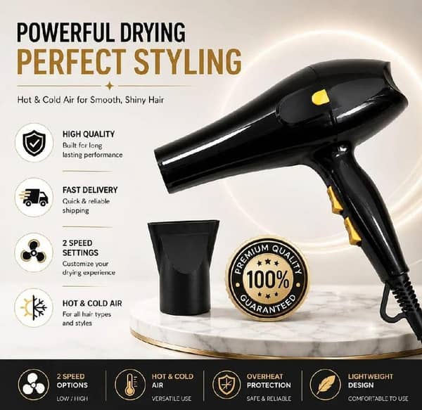 Professional Heavy Duty Hair Dryer – Hot & Cold Air Fast Drying with Styling Nozzle, 2 Speed Settings