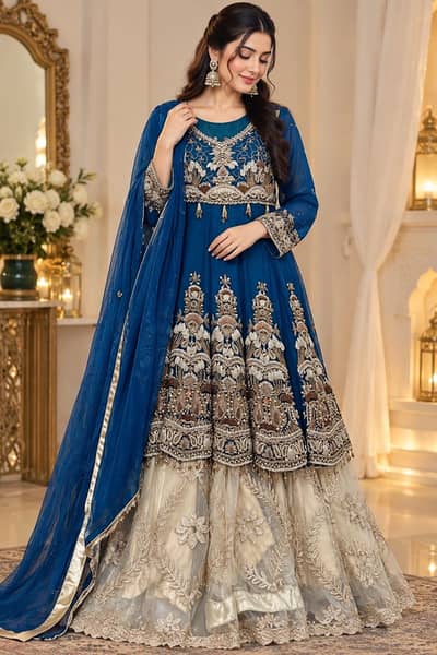 Luxury Blue & Ivory Bridal Lehenga | Heavy Embroidered Formal Dress