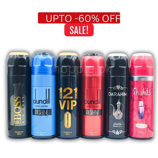 Body Spray Pack (6 x 200ml): BigBoss Black, Dundill Blue, One2One Vip, Dundill Red, Darahim, Shahils Freshrite – Unisex Fragrance Set