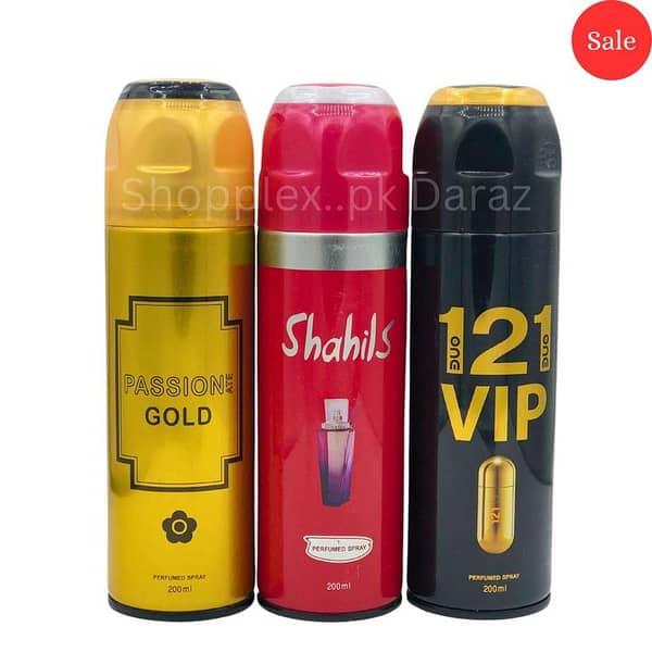 Body Spray Pack of 3 for Men and Women — 200ml Each, Passion Gold by Shahlis, One 2 One VIP, Freshrite Value Pack