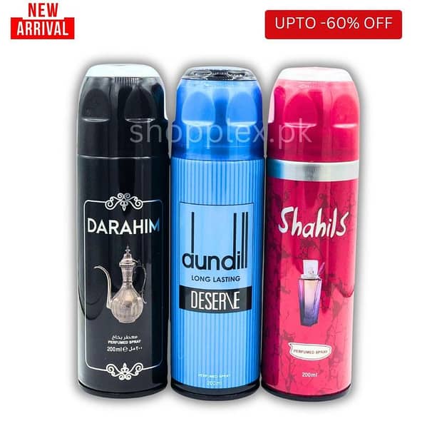 Body Spray Men Pack of 3 — 200ml each: Darahim, Shahlis, and Dundill Blue by Freshrite