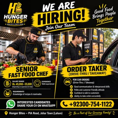 Female Cashier, Order Taker and Senior Pizza & Fast Food Chef Required