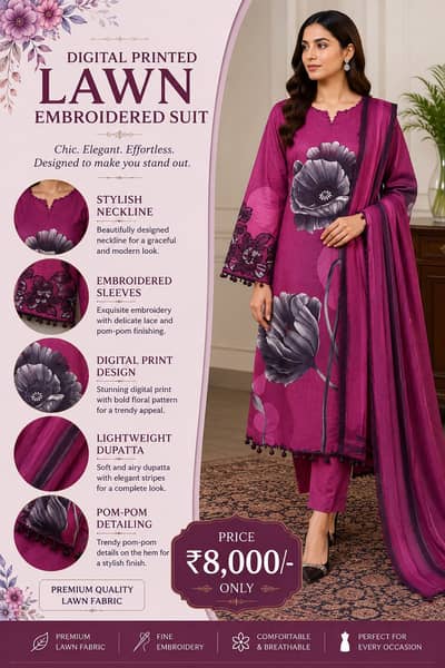 Premium Digital Printed Lawn Embroidered 3PC Suit | Women’s Designer