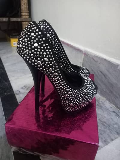 ###  Black Silver Studded Heels — Like New