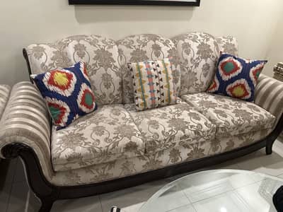 Classic 3+2 Sofa Set, Solid Carved Wooden Frame, Original Fabric