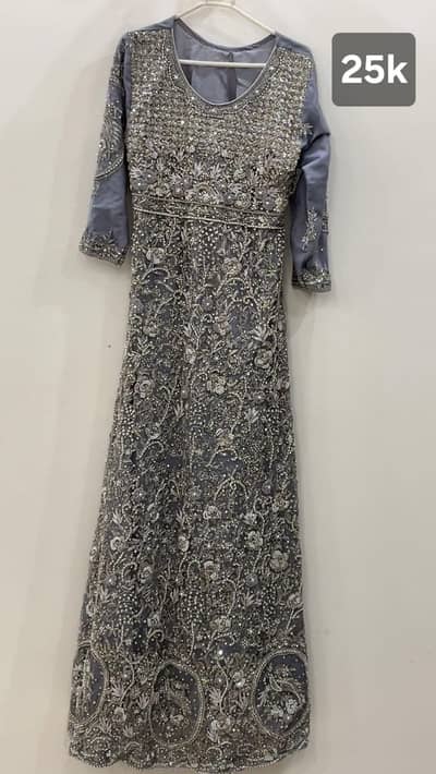 Elegant Grayish-Blue Embellished Dress with Dupatta – Premium Formal