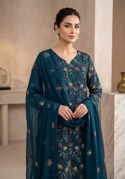 Beautiful green chiffon hanemborded 2pice suit