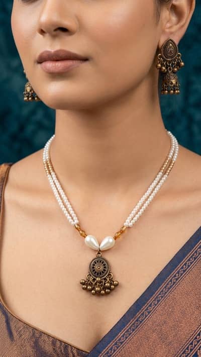 Elegant Double-Layered Pearl Mala & Jhumka Set for Women