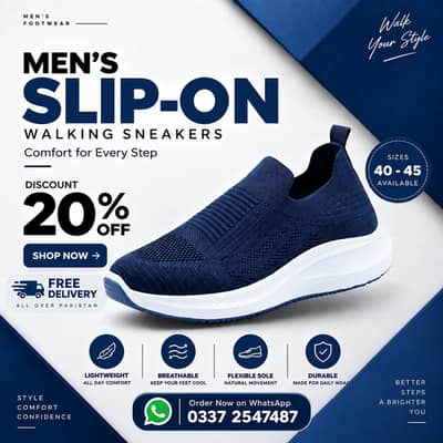 Men's Blue Slip-On Walking Sneakers Size 40-45