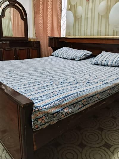 Wooden Double Bed Set with Mattress, Dressing & Side Tables