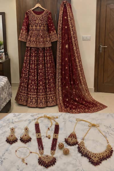 Beautiful Maroon Bridal Lehenga with Short Embroidered Kurti & Dupatta
