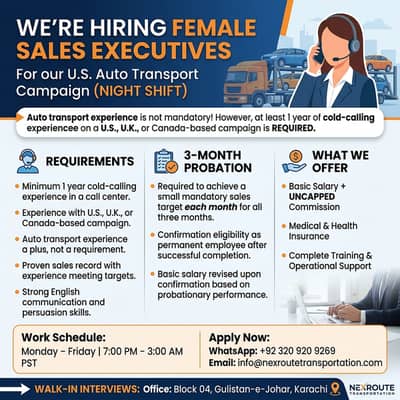 Female Sales Executive - Night Shift - Gulistan e Johar