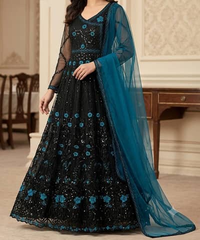 Black maxi with teal blue work and dubata.