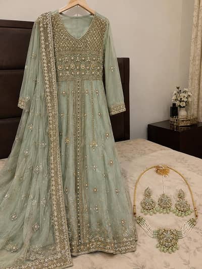 Elegant Sage Green & Gold Embroidered Formal Dress – 3 Piece