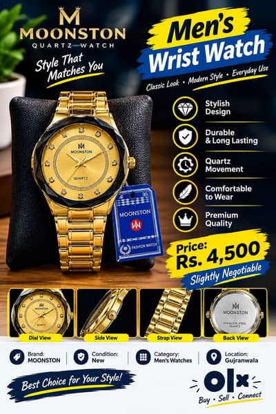 Moonston Gold Men's Quartz wrist watch Brand New