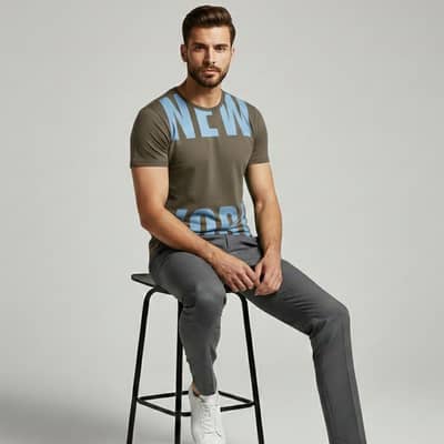 Cotton Khaki Brown T-Shirt – Bold Sky Blue "New York"